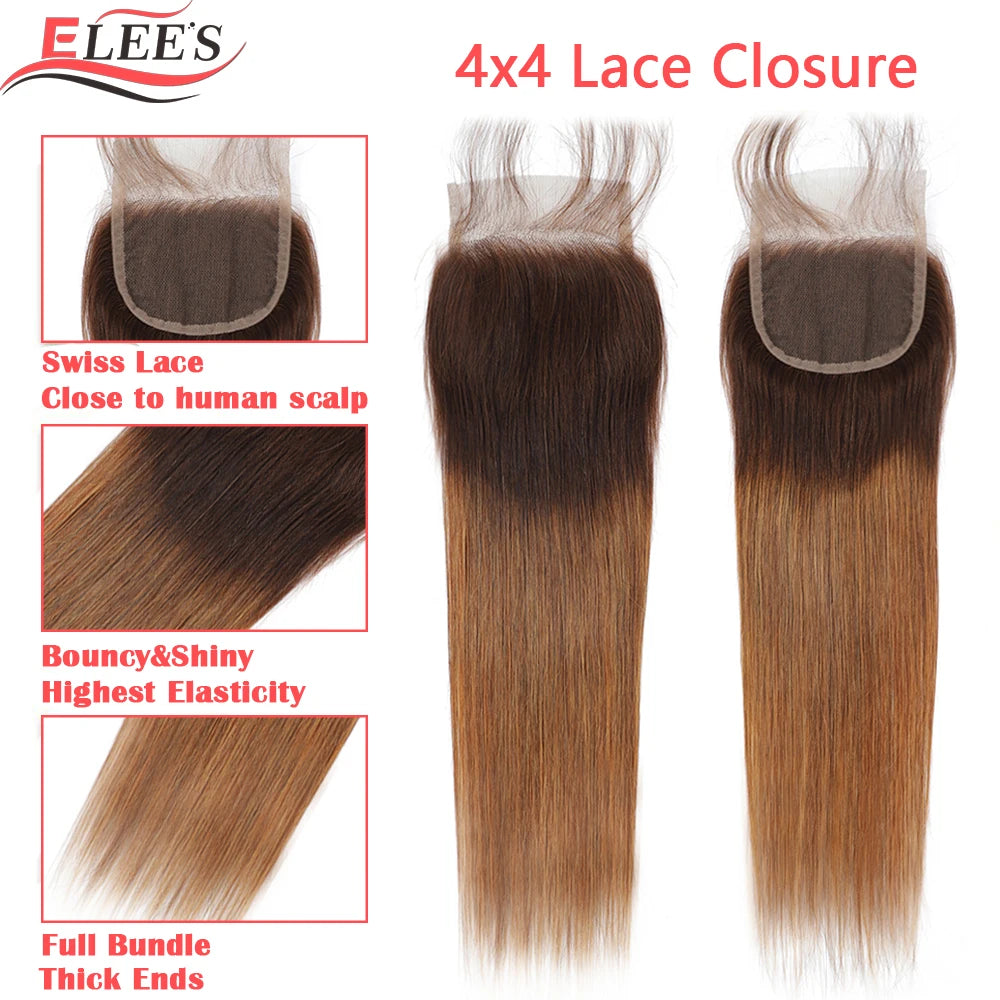 Ombre Bundles With Frontal Brazilian Hair Weave Bundles With Closure Brown T4/30 Colored Human Hair Bundles With Frontal Closure
