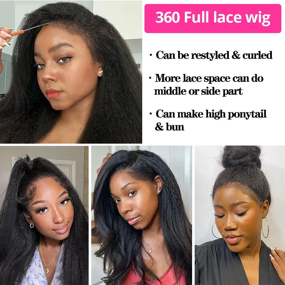 360 Invisi Strap Kinky Straight Full Lace Wig – Yaki Straight Human Hair | Pre-Plucked | 200% & 220% Density | 18–40 Inches