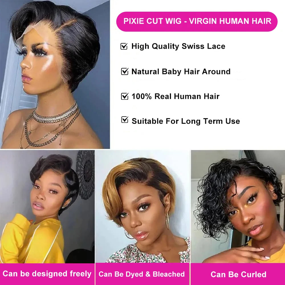 Pixie Cut Straight Bob Wig – 13x4 Lace Front & T-Part | Brazilian Remy Human Hair | 150% & 200% Density | 6" | For Women