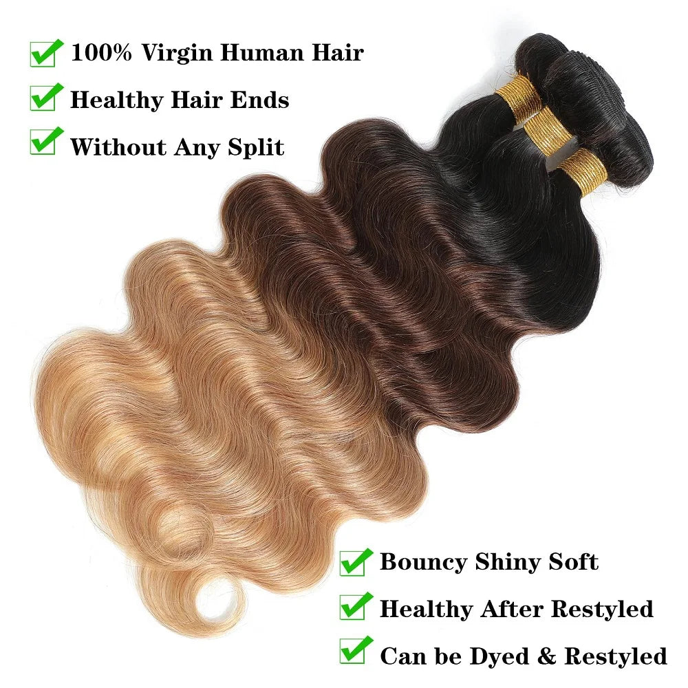 Body Wave Bundles with Frontal – Ombré Brazilian Remy Hair | 3 Bundles + Closure | 13x4 & 4x4 Lace | Colors T4/30, T1B/4/27, T1B/27