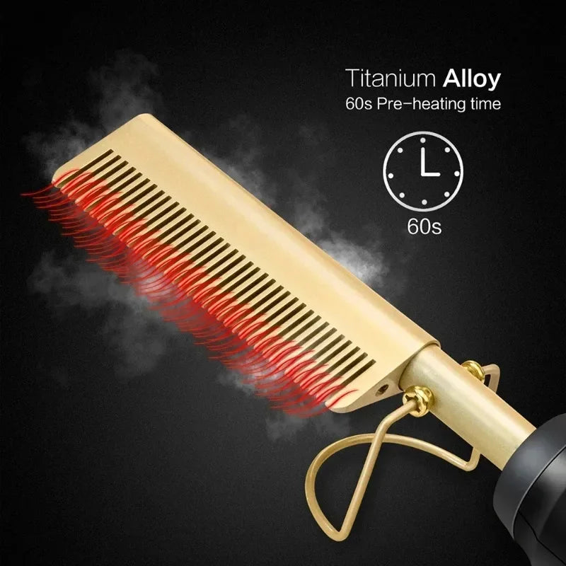 Electric Hot Comb Hair Straightener & Curler – Ceramic Tourmaline Straightening Brush | 120–230°C | Dual Voltage