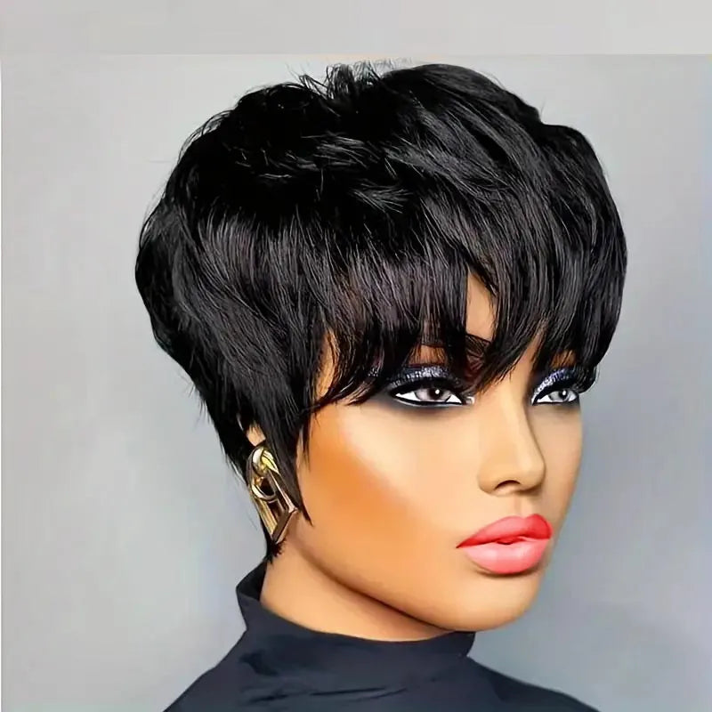 Pixie Cut Wig with Bangs – Short Layered Bob | 9A Brazilian Remy Human Hair | 180% Density | Glueless Full Machine Made | Natural Black