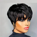 Pixie Cut Wig with Bangs – Short Layered Bob | 9A Brazilian Remy Human Hair | 180% Density | Glueless Full Machine Made | Natural Black