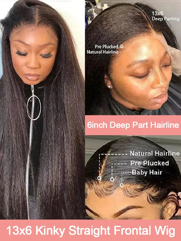 13x6 Kinky Straight Lace Front Human Hair Wig With Kinky Edges Baby Hair 360 Transparent Lace Yaki Straight Human Hair Wigs
