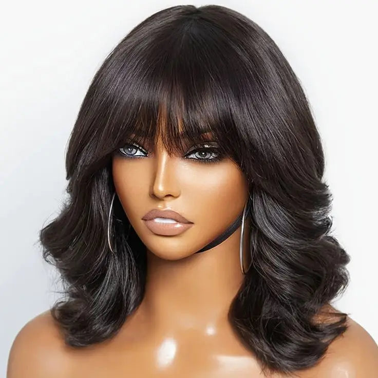 Body Wave Bob Wig With Bangs | Machine Made | Brazilian Remy Human Hair | 220% & 240% Density | 8"-16" | VS HAIR