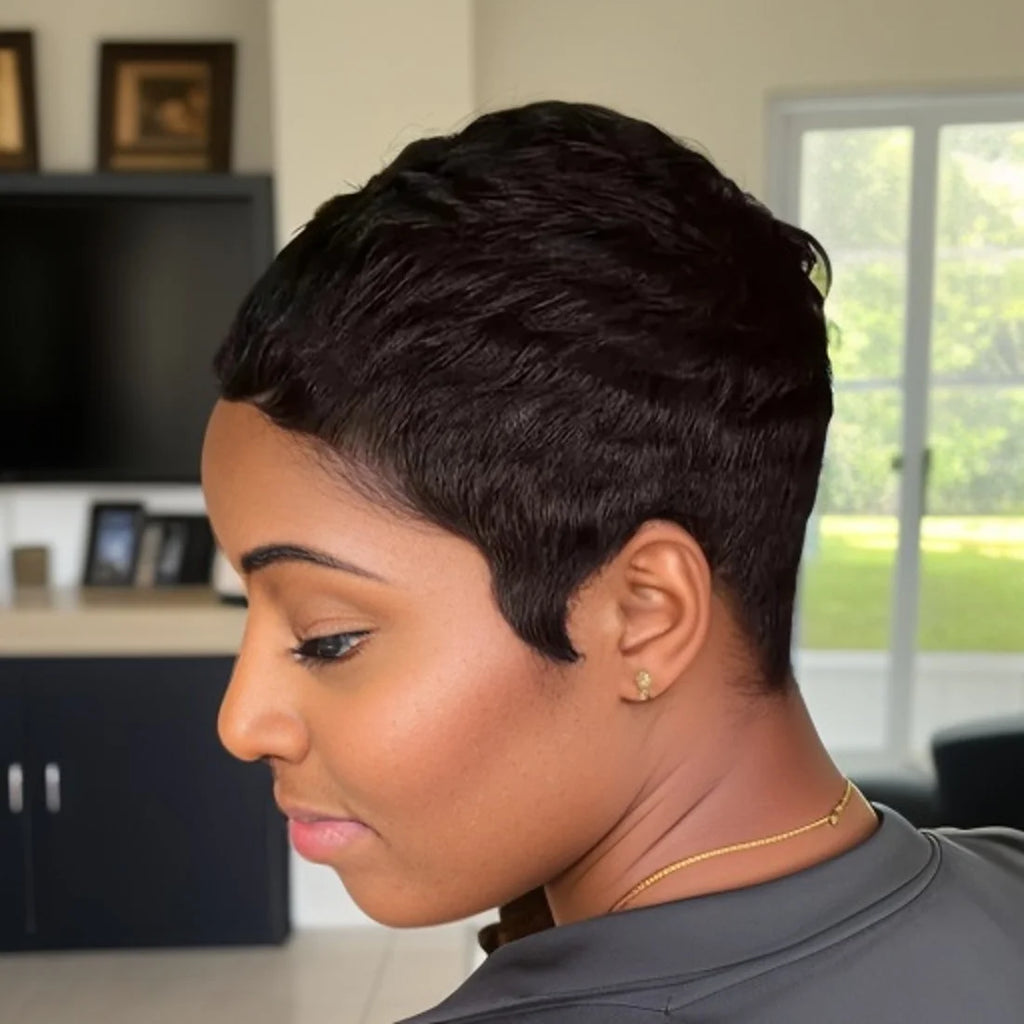 Short Pixie Cut Wig With Bangs | Full Machine Made | Remy Human Hair | 150% Density | Natural Black, Burgundy & Brown | VS HAIR
