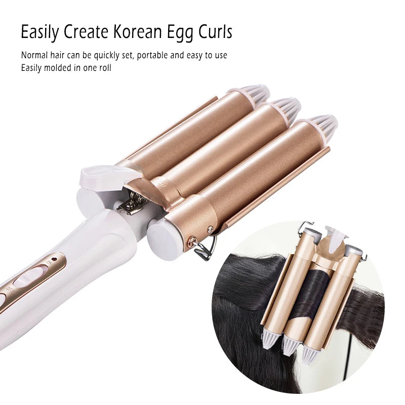 Triple Barrel Hair Waver & Curling Iron – Ceramic Tourmaline | 20–28mm | 180–210°C | Dual Voltage