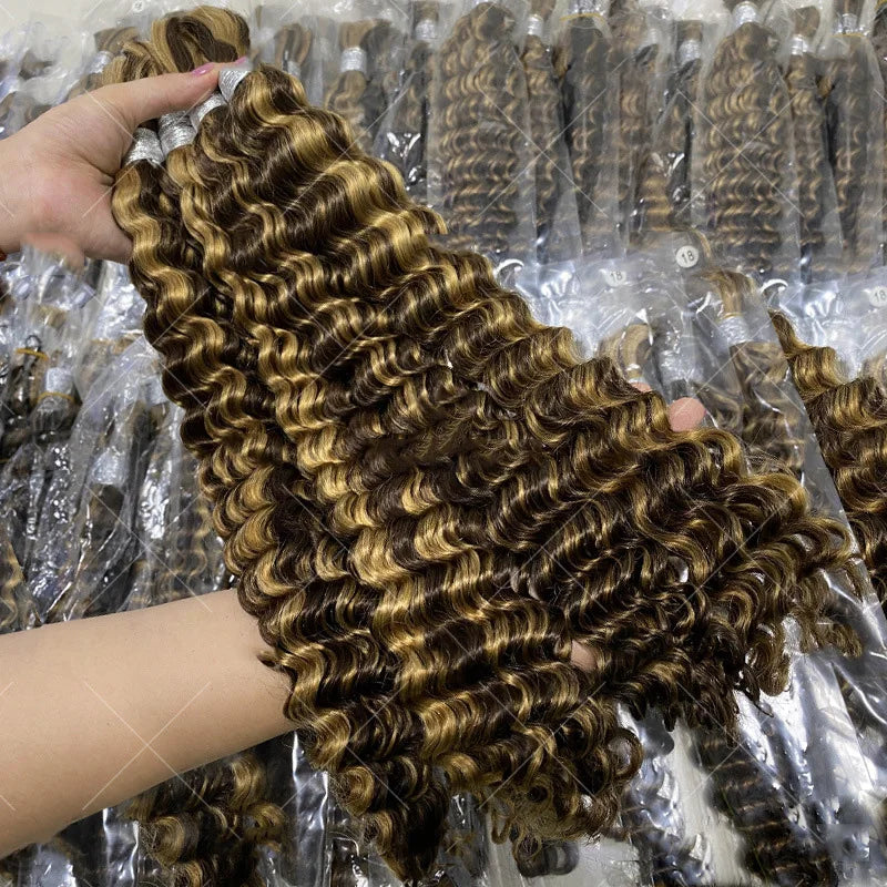 12A Human Braiding Hair for Boho Braids Color 613 27 Highlight Deep Wave Bulk Human Hair for Braiding Knotless Wet and Wavy Wigs
