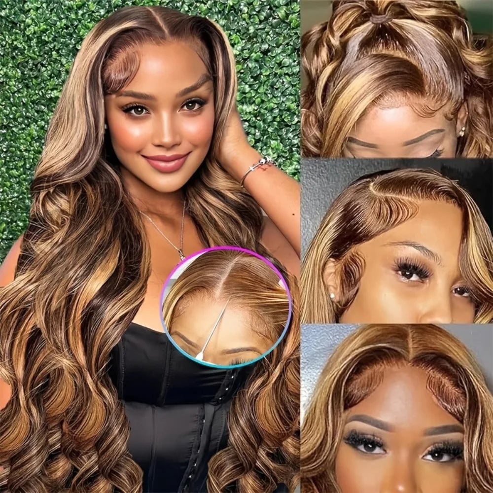 30 Inch Honey Blonde Ombre Lace Front Wig Human Hair 13x4 HD Lace Front Wig 4/27 Highlight Ombre Body Wave Lace Frontal Glueless