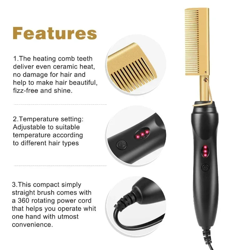 Electric Hot Comb Hair Straightener & Curler – Ceramic Tourmaline Straightening Brush | 120–230°C | Dual Voltage