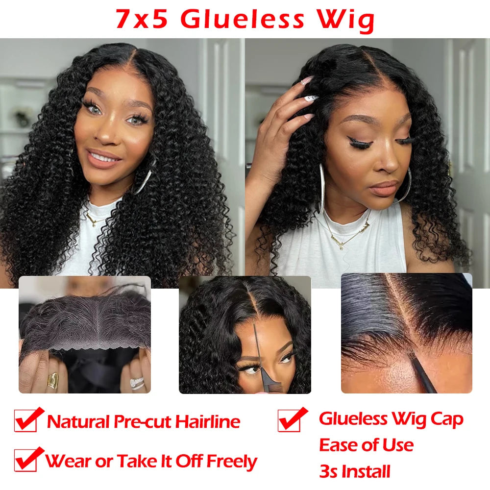 250% Kinky Curly Glueless Wig Human Hair Ready to Wear 30 Inch Curly Wigs Pre Cut 7x5 Lace Wig Deep Wave Human Hair Preplucked