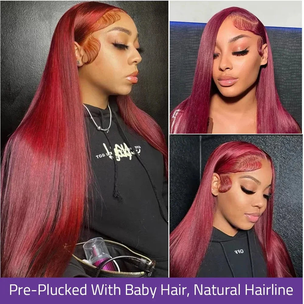 99j Burgundy Lace Frontal Human Hair Wig 250 Density Pre Plucked Red Hair Wig  5X5 HD Straight Lace Front Wig Human