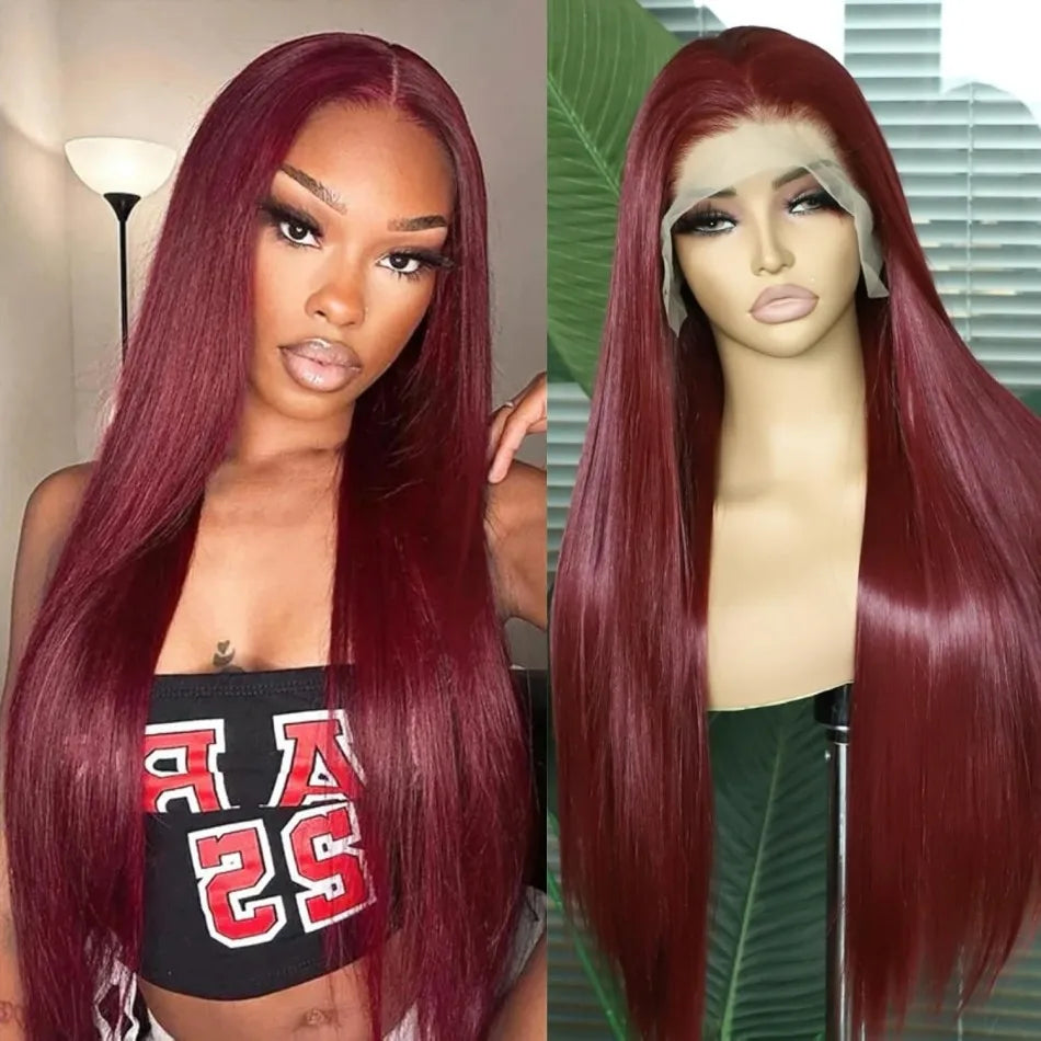 13X6 Hd Lace Frontal Wig 99J Burgundy Straight Human Hair Wigs 100% Preplucked Brazilian Colored Lace Front Wig 220 Density 36In