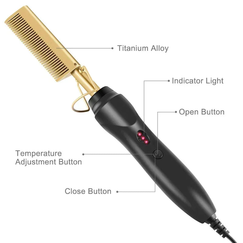 Electric Hot Comb Hair Straightener & Curler – Ceramic Tourmaline Straightening Brush | 120–230°C | Dual Voltage