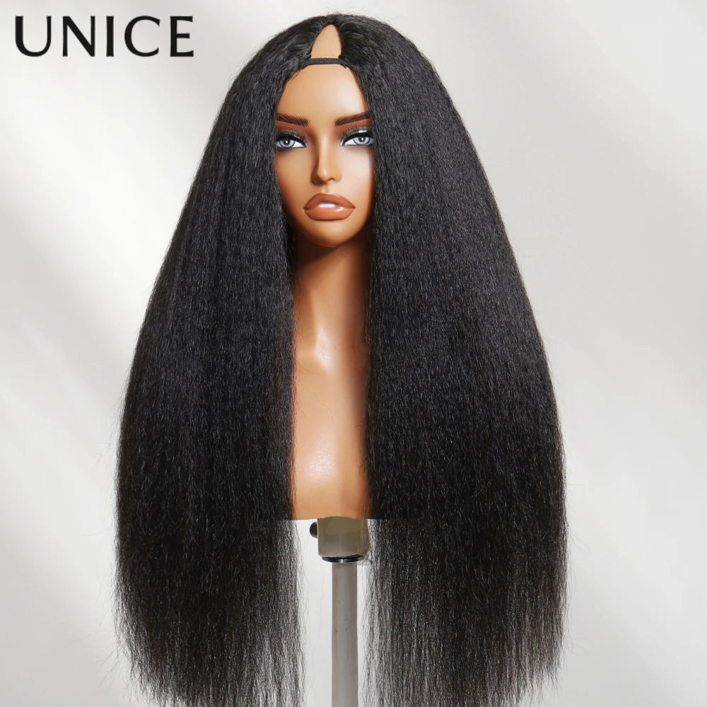 UNice InvisiBlend™ Kinky Straight V Part Wig With Drawstring Natural Black 100% Human Hair Wigs No Glue Fit For All Head Sizes