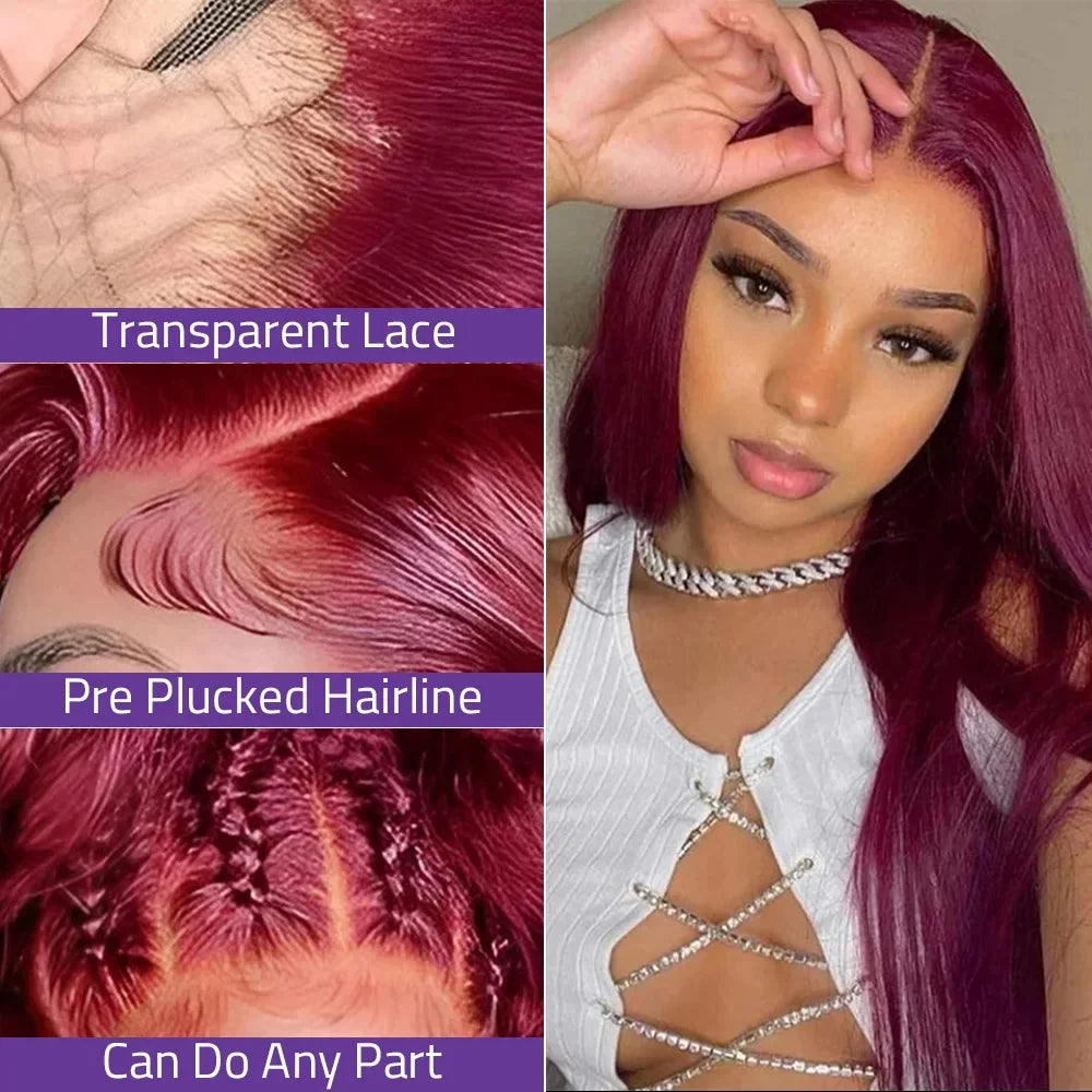 99j Burgundy Lace Frontal Human Hair Wig 250 Density Pre Plucked Red Hair Wig  5X5 HD Straight Lace Front Wig Human