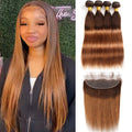 Ombre Bundles With Frontal Brazilian Hair Weave Bundles With Closure Brown T4/30 Colored Human Hair Bundles With Frontal Closure