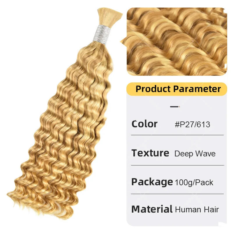 12A Human Braiding Hair for Boho Braids Color 613 27 Highlight Deep Wave Bulk Human Hair for Braiding Knotless Wet and Wavy Wigs