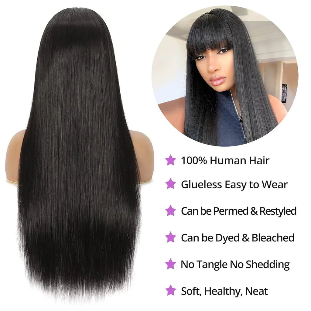Long Straight Human Hair Wig with Bangs | Natural Black | 180%, 200%, 250% Density | 16"-34"