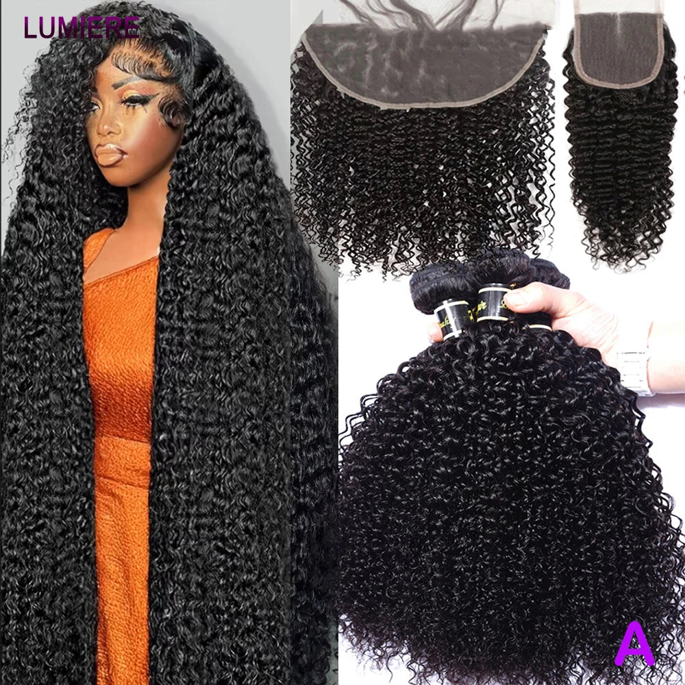 Afro Deep Kinky Curly Human Hair 3/4 Bundle with HD Transparent Lace Frontal Closure And Bundle 100% Virgin Hair Weave Extension