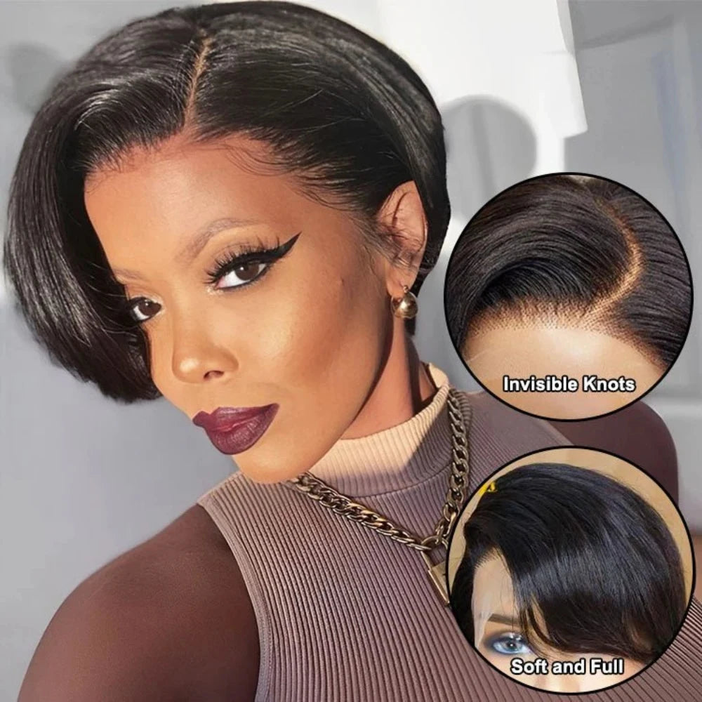 Pixie Cut Straight Bob Wig – 13x4 Lace Front & T-Part | Brazilian Remy Human Hair | 150% & 200% Density | 6" | For Women