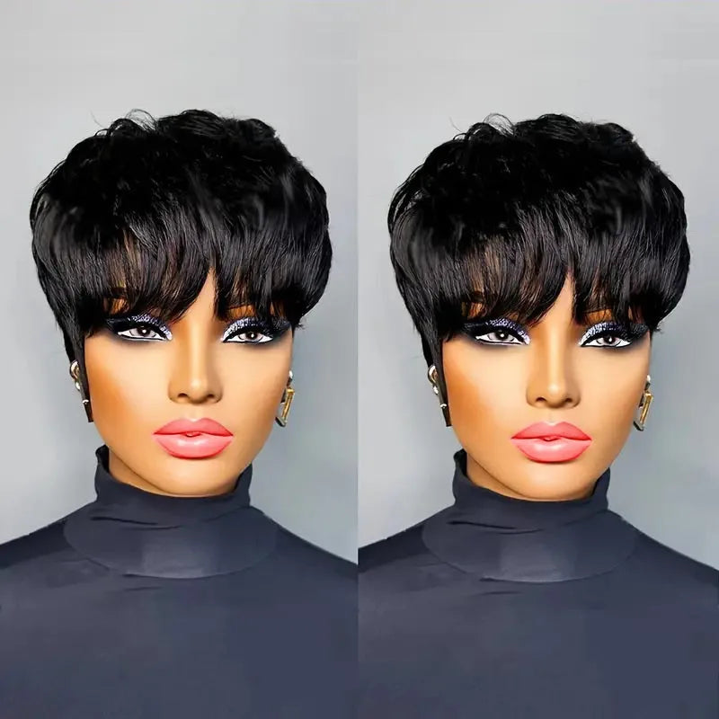 Pixie Cut Wig with Bangs – Short Layered Bob | 9A Brazilian Remy Human Hair | 180% Density | Glueless Full Machine Made | Natural Black