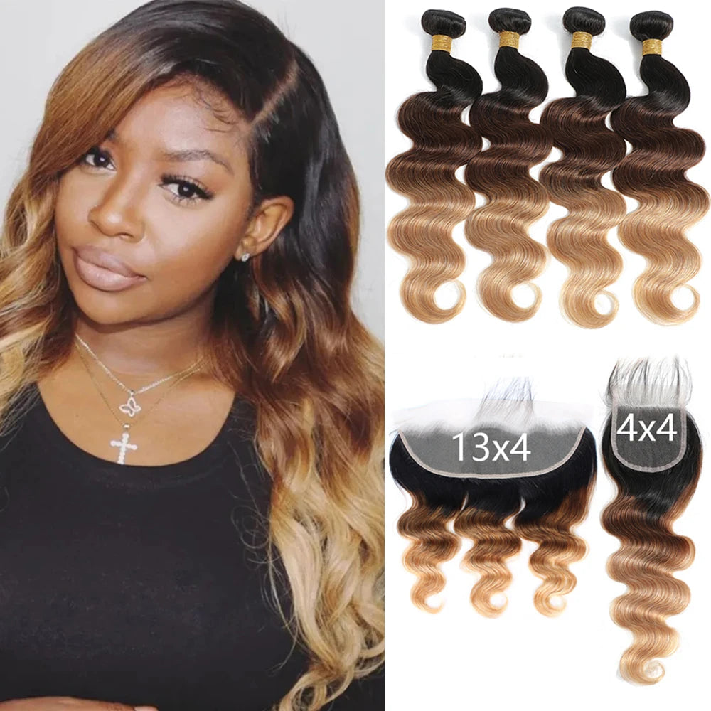 Body Wave Bundles with Frontal – Ombré Brazilian Remy Hair | 3 Bundles + Closure | 13x4 & 4x4 Lace | Colors T4/30, T1B/4/27, T1B/27
