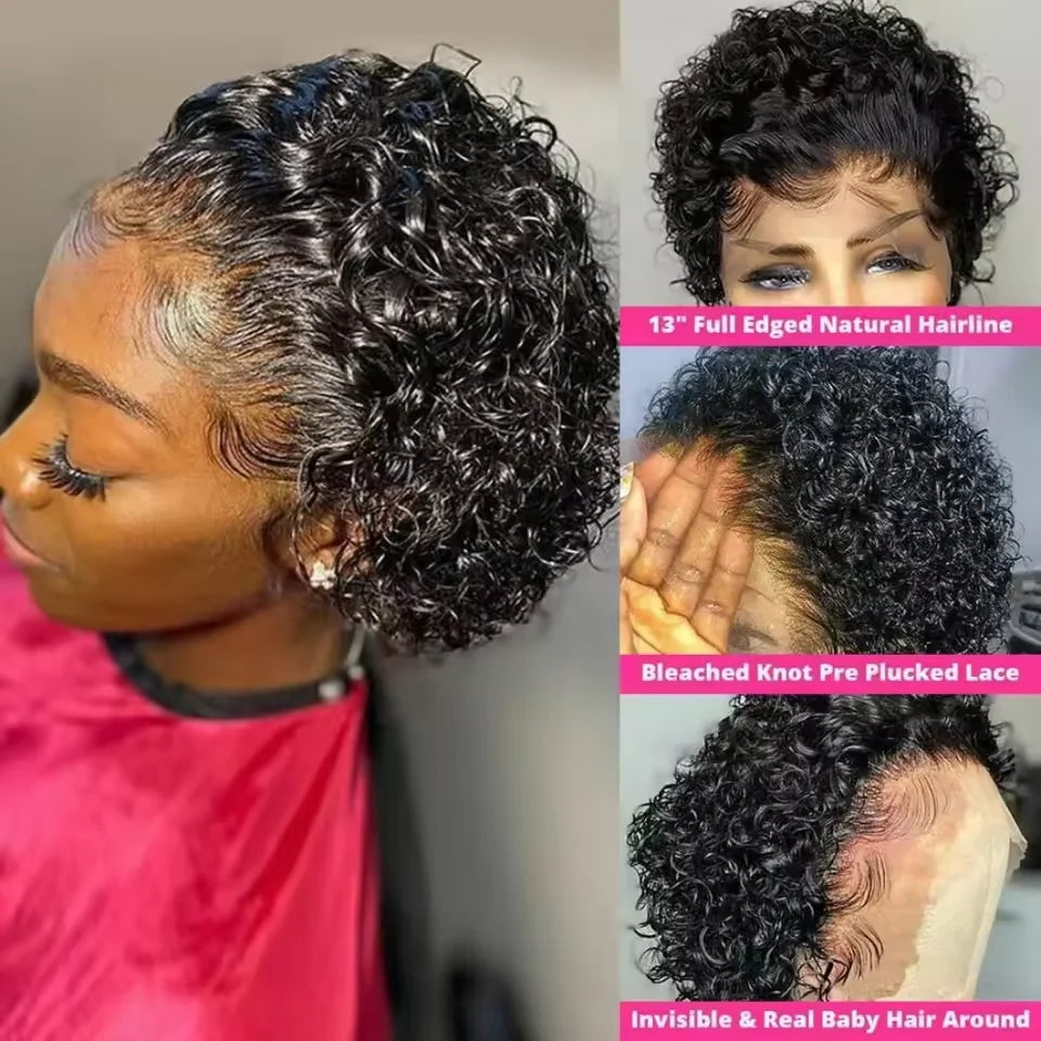 Pixie Cut Wig Human Hair – 13x1 Transparent Lace Front | Short Curly & Water Wave Bob | Brazilian Remy | 180% & 200% Density | 6"