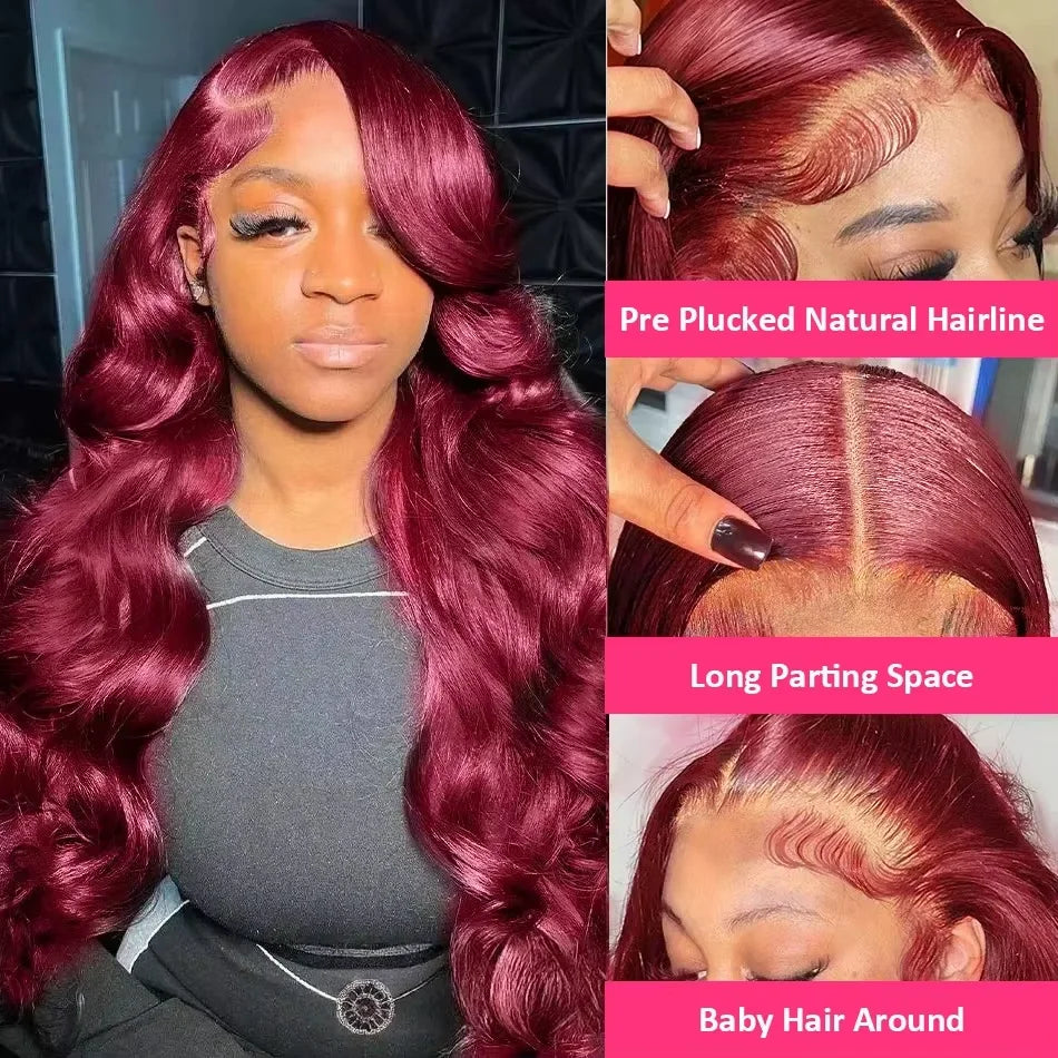 99J Burgundy Body Wave Lace Front Wig – 100% Brazilian Human Hair | 13x6 HD Lace | 18–38 Inch