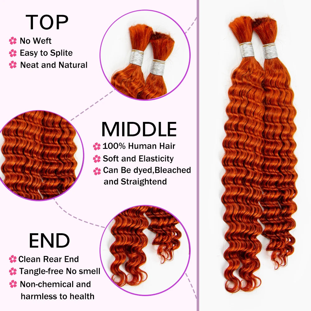 Ginger Orange & Deep Wave Bulk Human Hair for Boho Braids – No Weft | Braiding Extensions