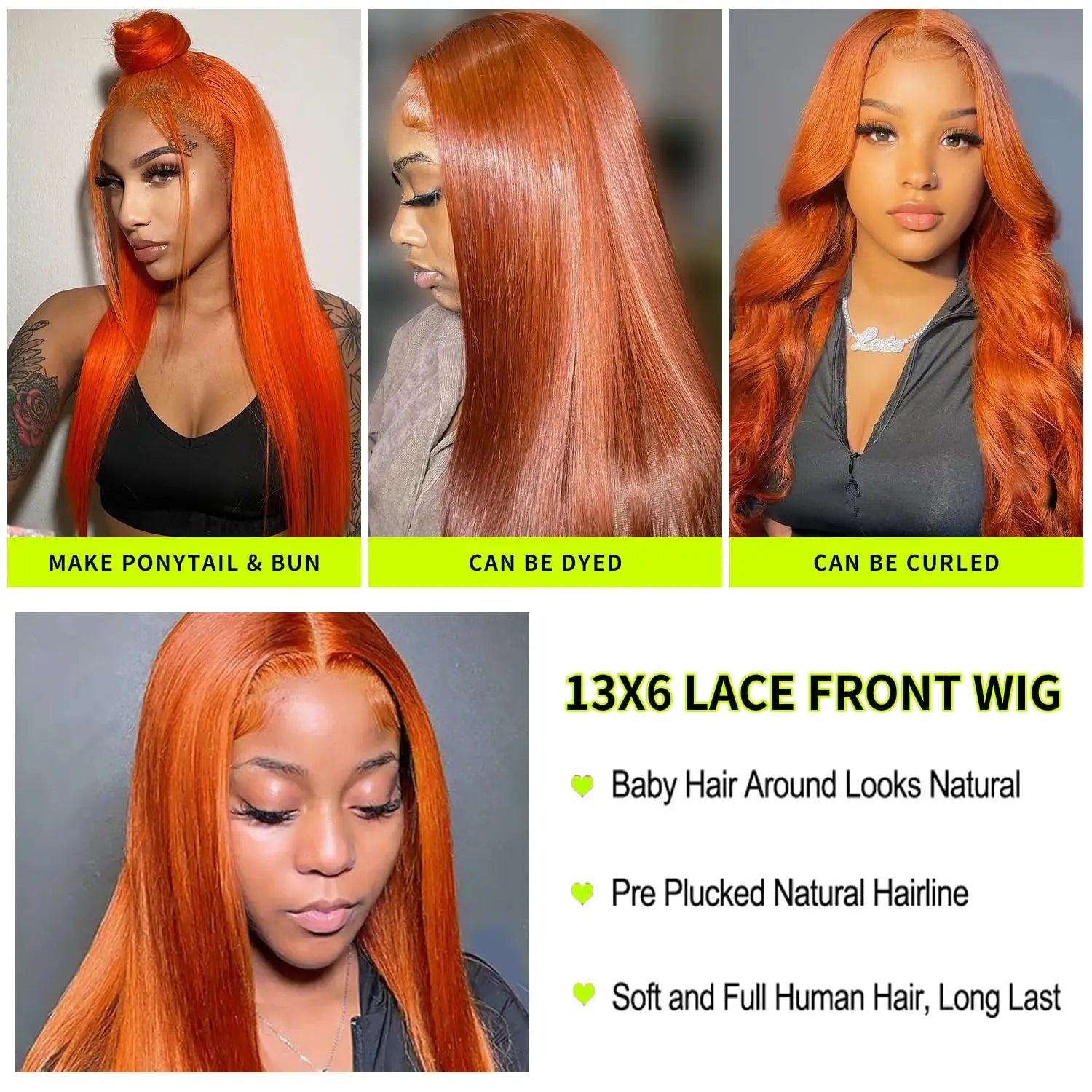 Ginger Orange 36Inch Bone Straight Hair 350Colored 13x6 Lace Front Human Hair Wigs High Density Lace Frontal Brazilian Wig Women