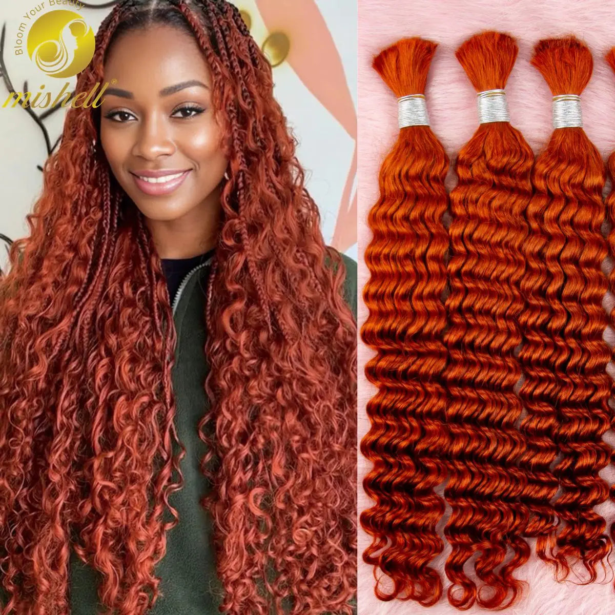 Ginger Orange & Deep Wave Bulk Human Hair for Boho Braids – No Weft | Braiding Extensions