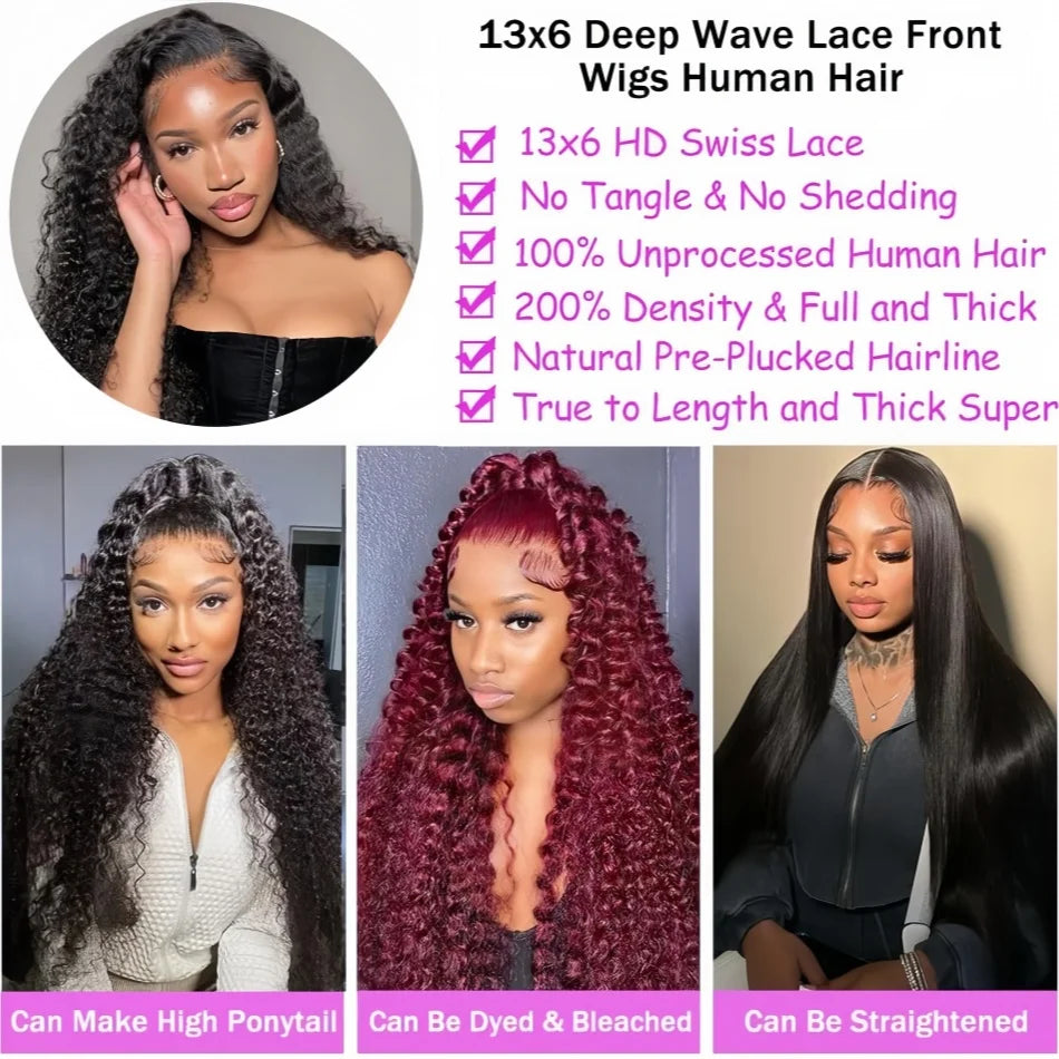 40 Inch Curly Lace Front Wig Water Wave 13X6 Hd Lace Frontal Wig Deep Wave Human Hair Wig 250 Density Preplucked Brazilian Hair