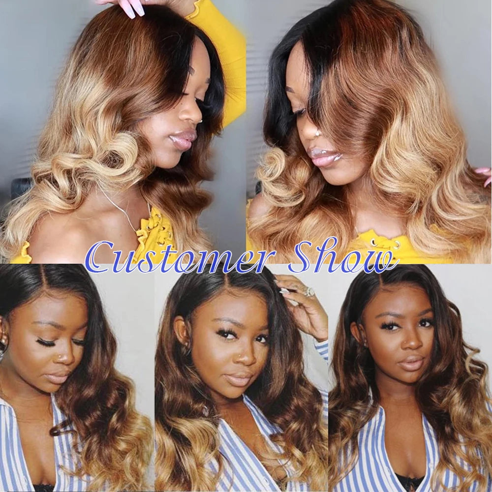 Body Wave Bundles with Frontal – Ombré Brazilian Remy Hair | 3 Bundles + Closure | 13x4 & 4x4 Lace | Colors T4/30, T1B/4/27, T1B/27