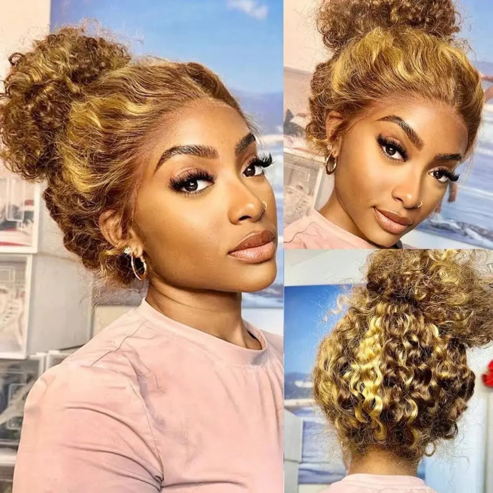 30 34 Inch Highlight 4/27 Ombre Honey Blonde Deep Wave 13x4 HD Lace Frontal Wig 250% Density Glueless Curly Human Hair Wig