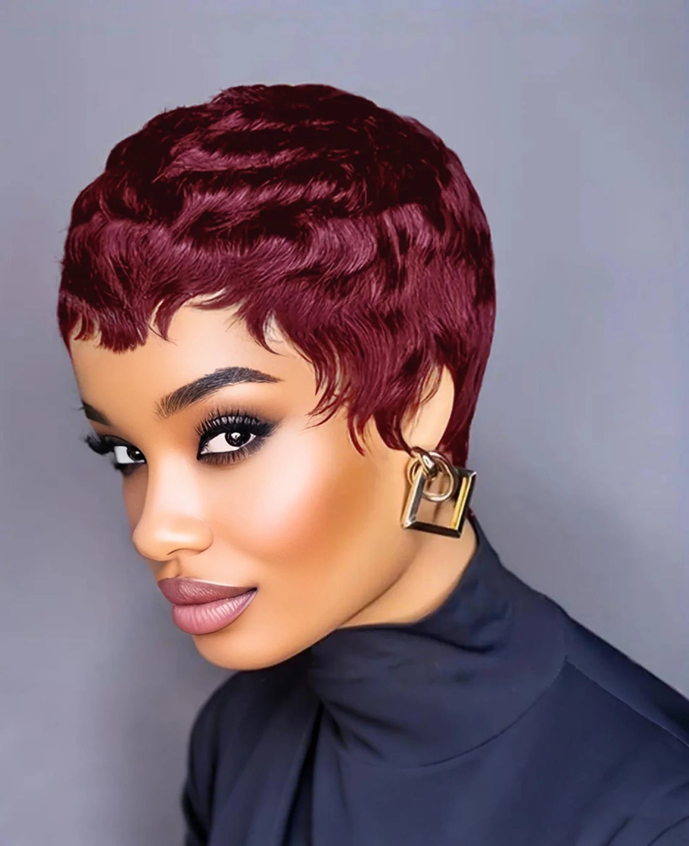 Short Pixie Cut Wig With Bangs | Full Machine Made | Remy Human Hair | 150% Density | Natural Black, Burgundy & Brown | VS HAIR