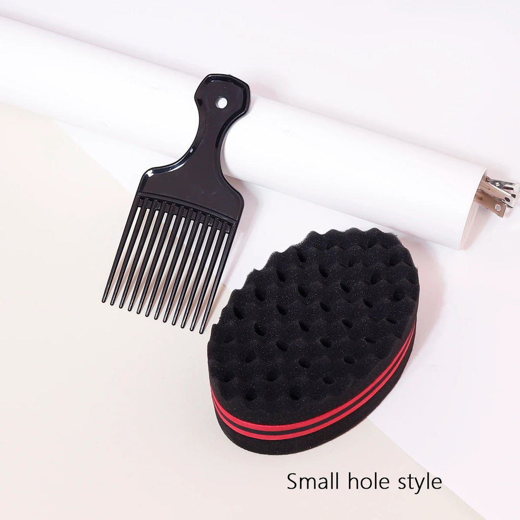 Wide Tooth Comb & Afro Sponge Brush Set – 2-Piece Wig & Natural Hair Styling Kit | Small & Large Hole
