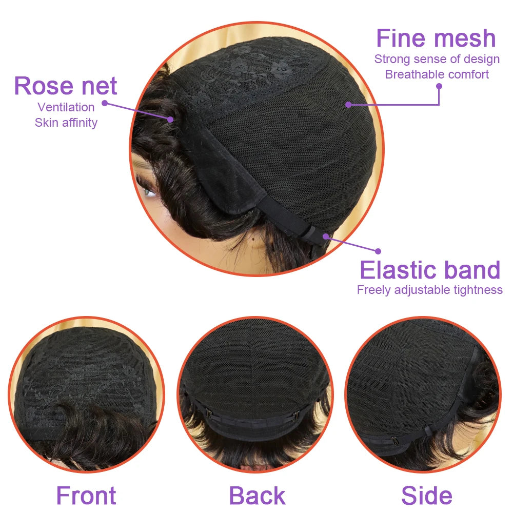 Short Pixie Cut Wig With Bangs | Full Machine Made | Remy Human Hair | 150% Density | Natural Black, Burgundy & Brown | VS HAIR