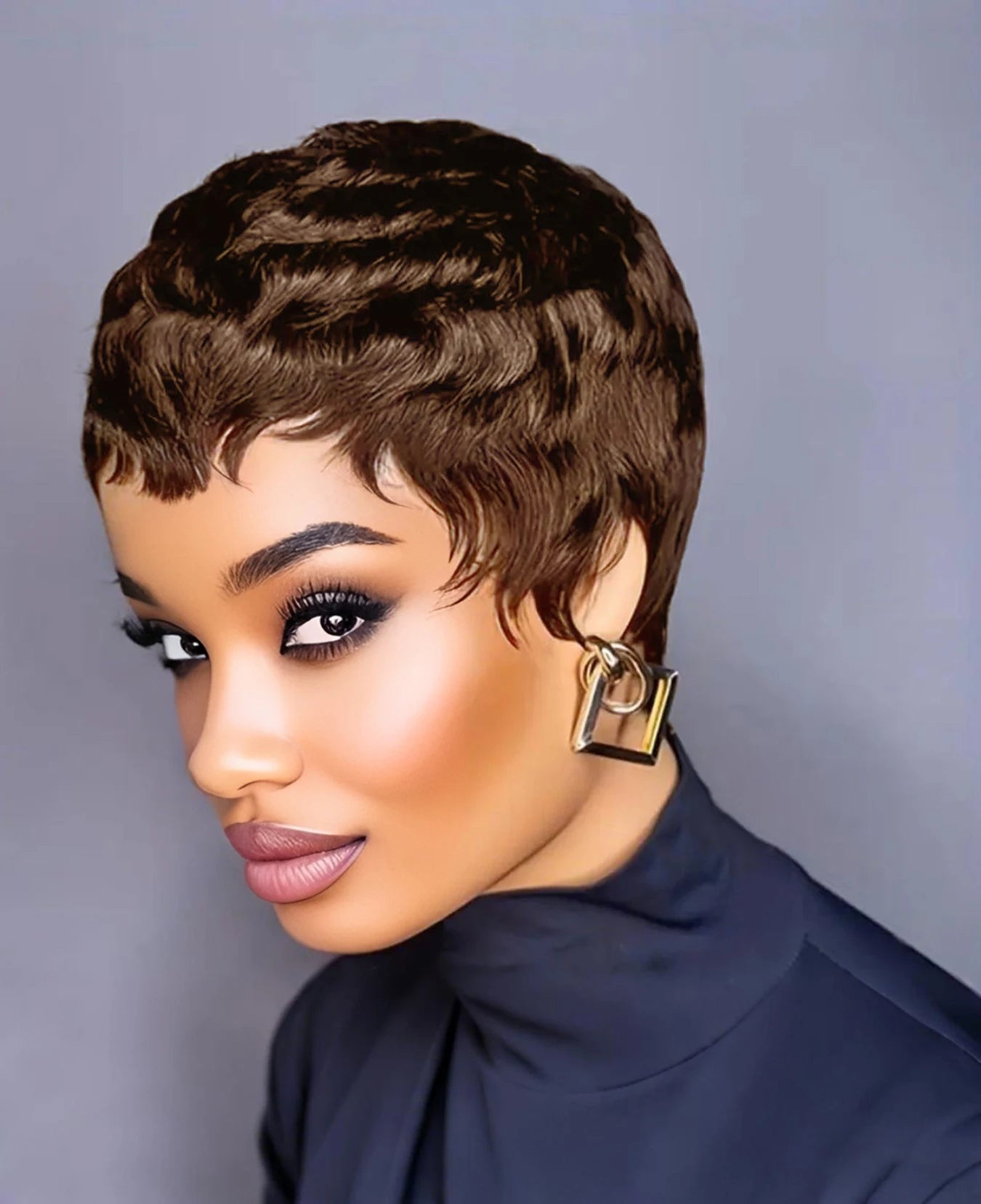 Short Pixie Cut Wig With Bangs | Full Machine Made | Remy Human Hair | 150% Density | Natural Black, Burgundy & Brown | VS HAIR
