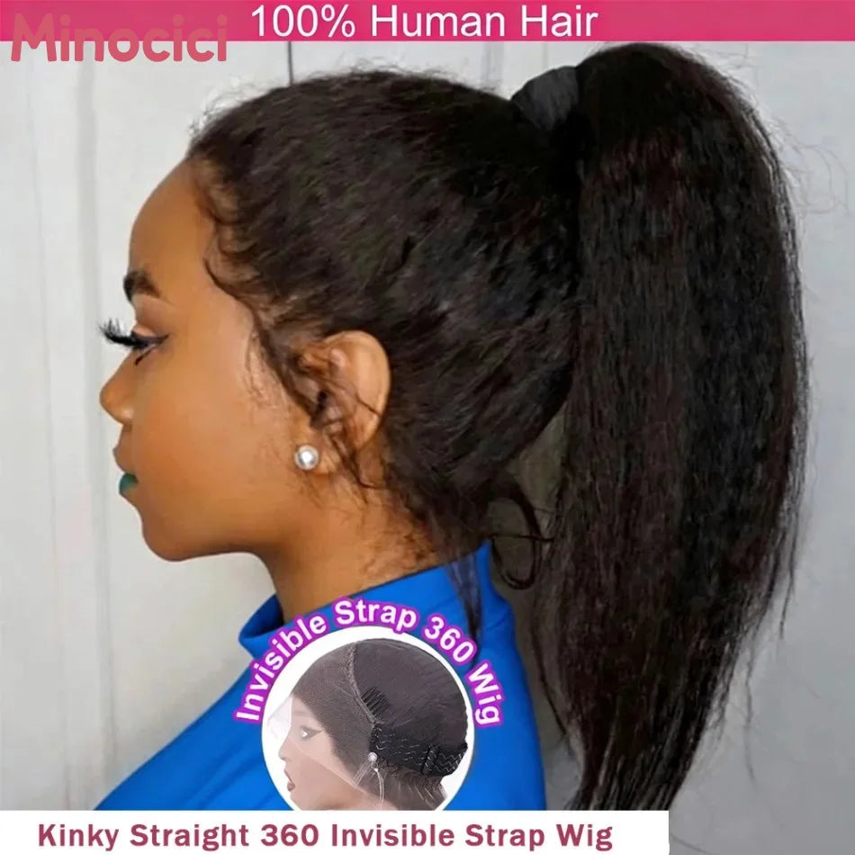 Kinky Straight Human Hair Wigs 100% 360 Lace Front Wig Invisible Strap HD Pre Plucked Brazilian Hair 360 Full Lace Wig For Women