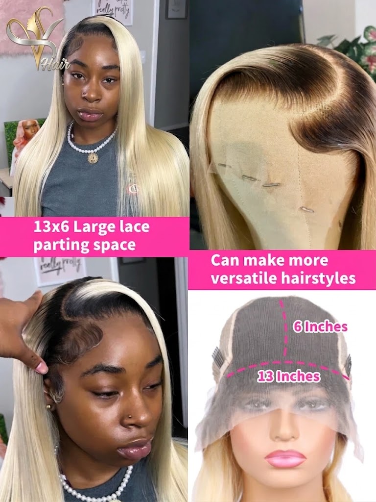 13x6 Lace Frontal Wig – 1B/613 Ombre Blonde Human Hair | Pre-Plucked, Dark Roots | 200% & 220% Density | 16–42 Inches