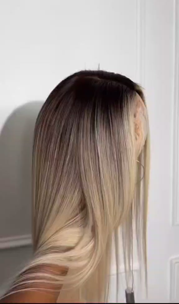 13x6 Lace Frontal Wig – 1B/613 Ombre Blonde Human Hair | Pre-Plucked, Dark Roots | 200% & 220% Density | 16–42 Inches