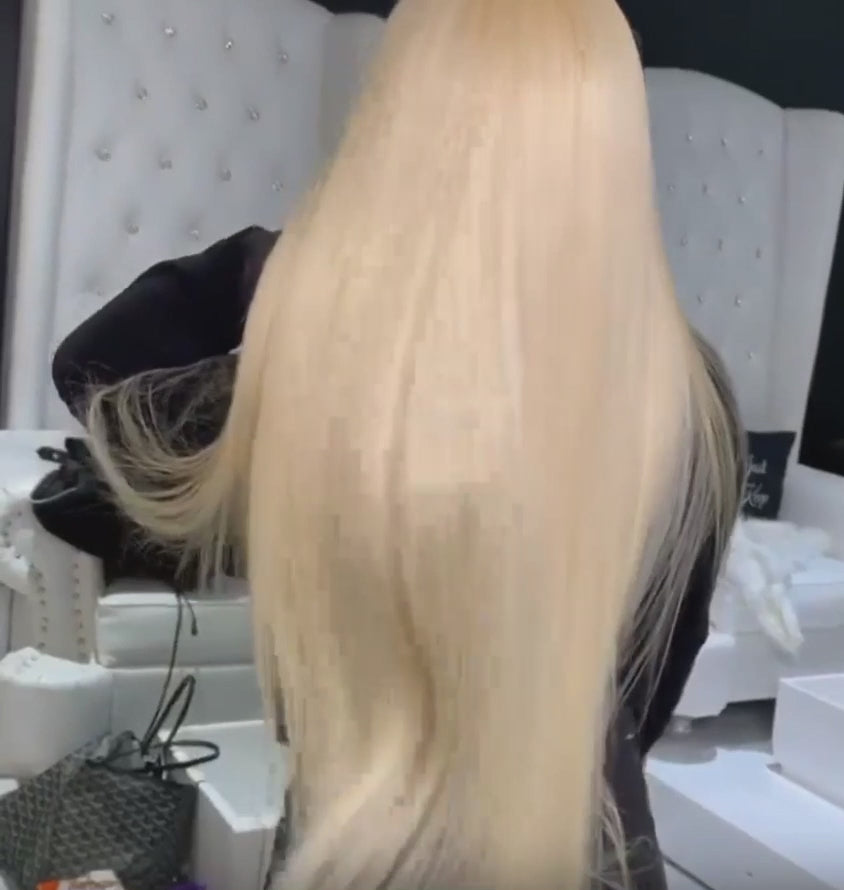 13x6 Lace Frontal Wig – 1B/613 Ombre Blonde Human Hair | Pre-Plucked, Dark Roots | 200% & 220% Density | 16–42 Inches
