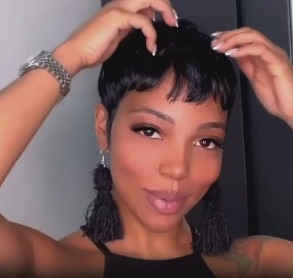 Short Pixie Cut Wig With Bangs | Full Machine Made | Remy Human Hair | 150% Density | Natural Black, Burgundy & Brown | VS HAIR